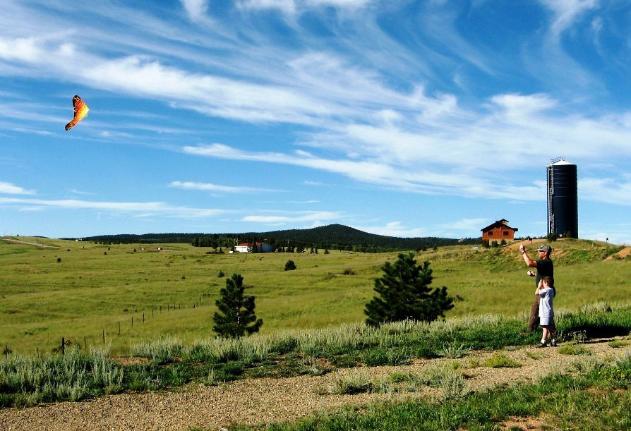 A man and child fly a kite on a summer's day in a green field with a blue sky with lines of whispy clouds. In the background a single silo and house sit on a ridge.