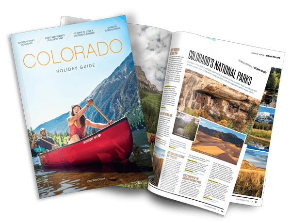 The cover and inside pages of a Colorado vacation guide