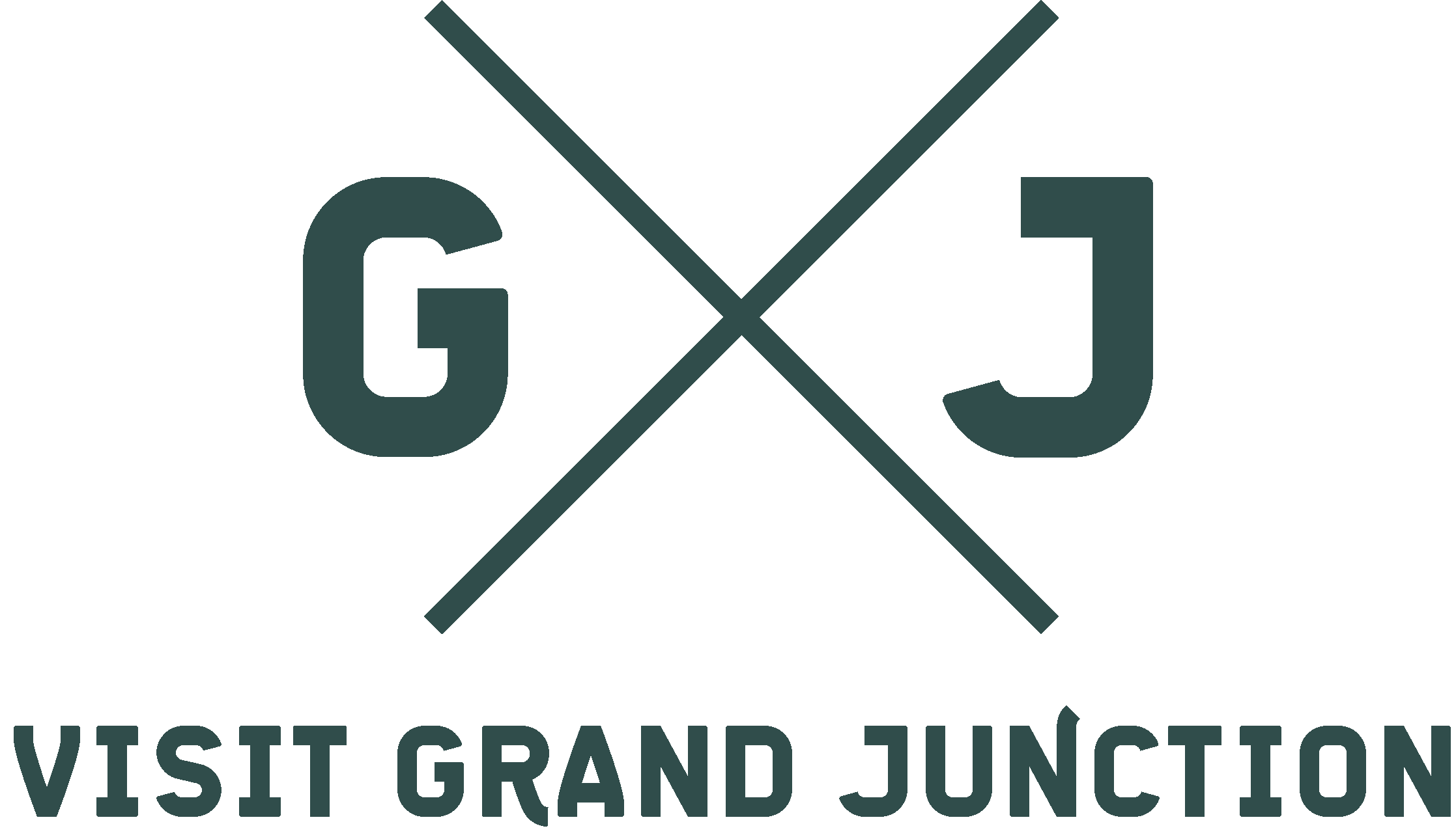 An X with the letter "G" on the left and the letter "J" on the right in forest green letters. The text below that reads "Grand Junction Colorado"