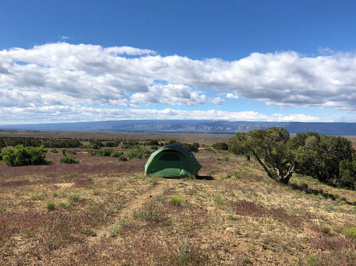 A tent pitched in brown grass, with blue sky and clouds above, at North Fruita Desert Campground