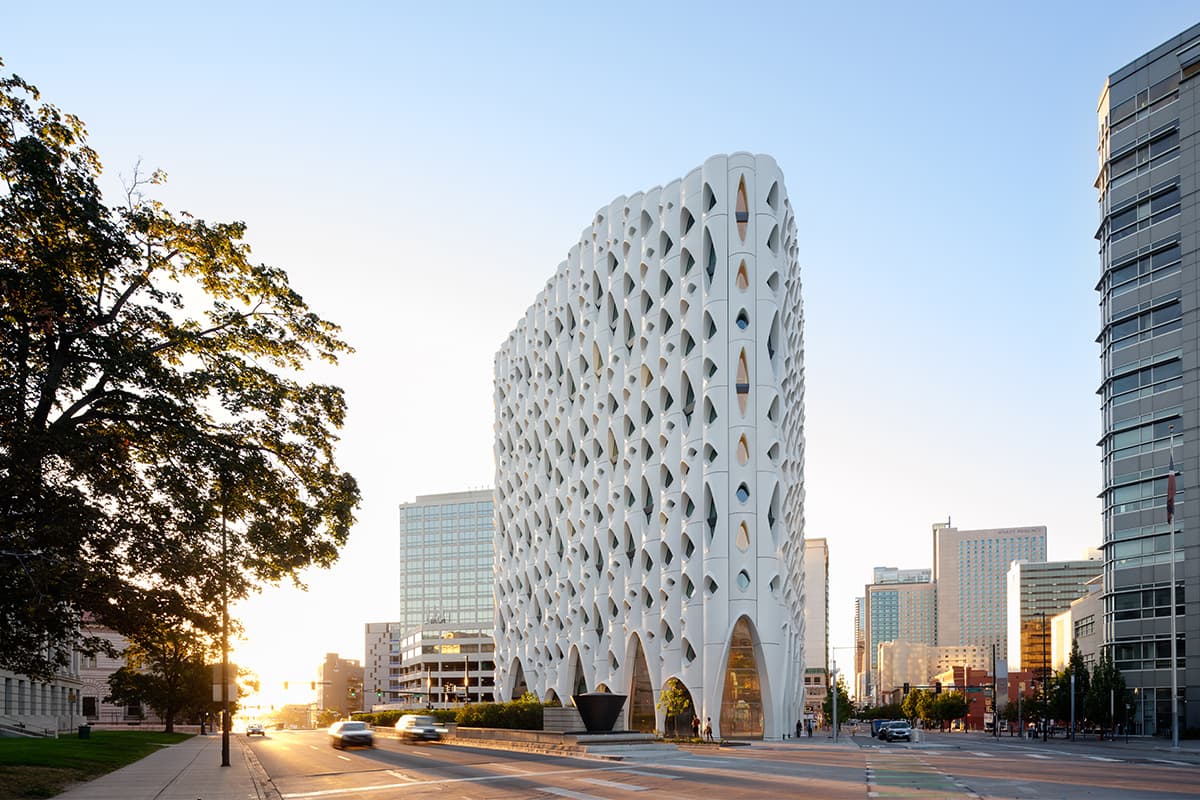 The towering, aspen-inspired Populus hotel stands tall amid Denver's downtown skyline.