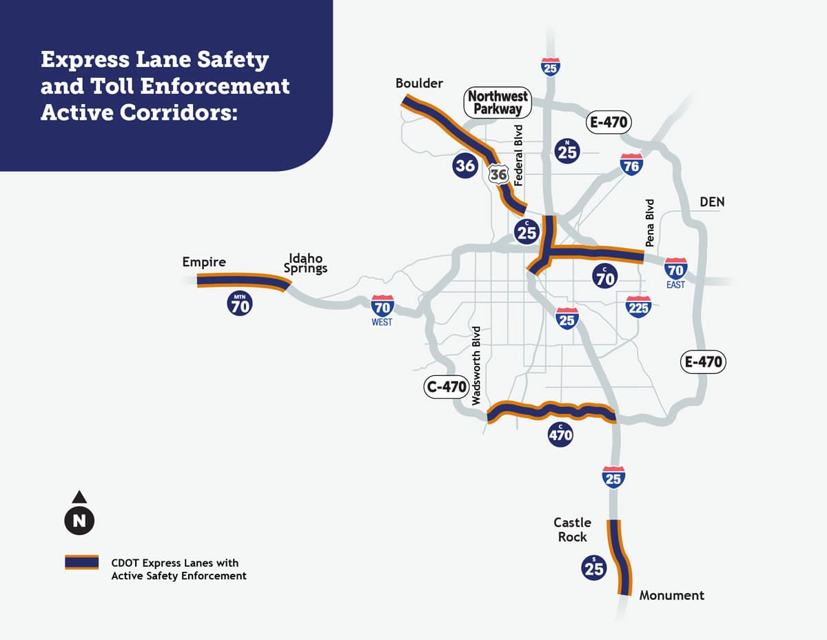 Colorado Express Lanes map with safety and toll enforcement active corridors.