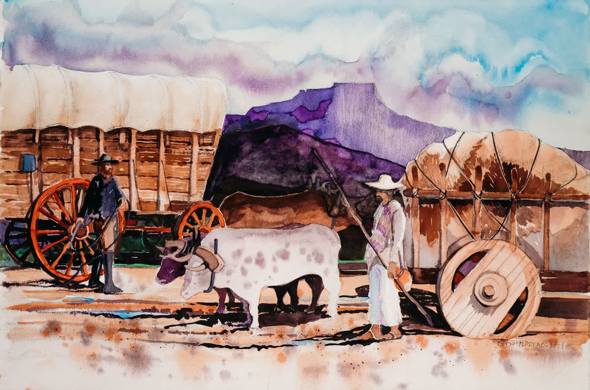 Exchanging News shows two wagon drivers talking in foreground along with livestock.