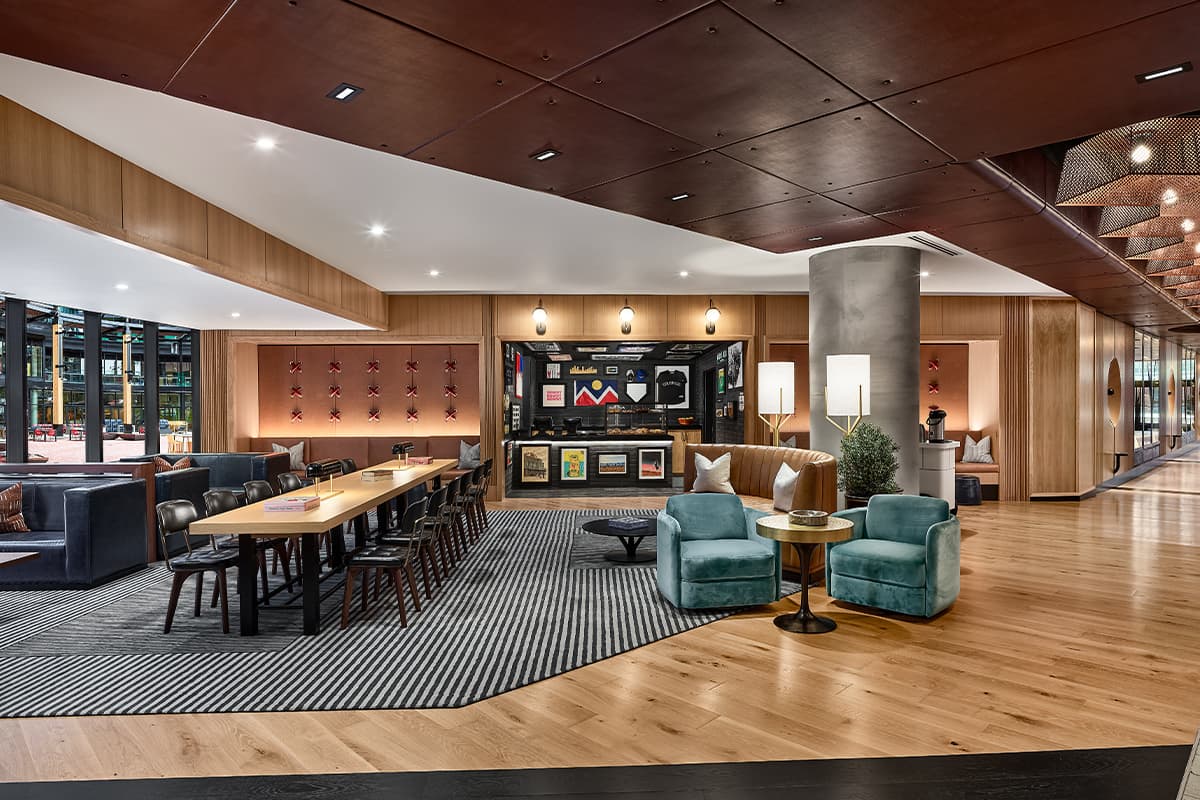 A contemporary-style cafe is available for guests at the The Rally Hotel in Denver, Colorado.