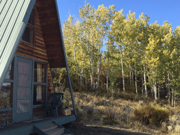 Moose Haven Cabin front entrance with trees bedazzled with golden colors and a blue sky in the background