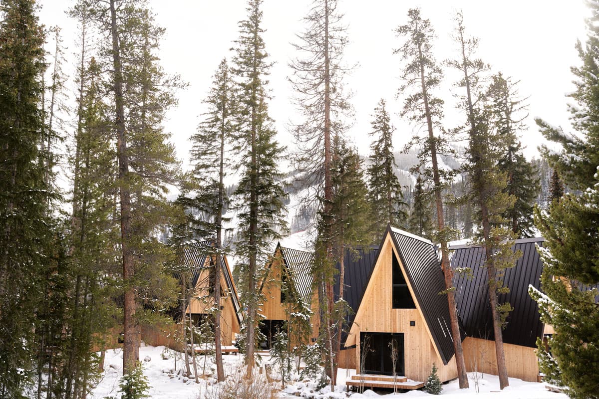 A grouping of A-Frame Club cabins is surrounded by tall pine trees. Snow is on the ground and the sky is gray.