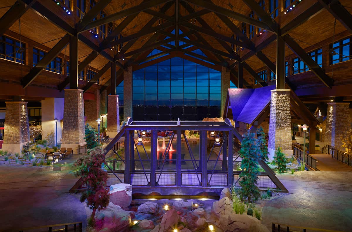 The cavernous interior of Gaylord Rockies Resort & Convention Center's Grand Lodge is seen at night