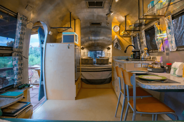 A well-organized kitchen area within Canyon Hideout Bungalow Airstream