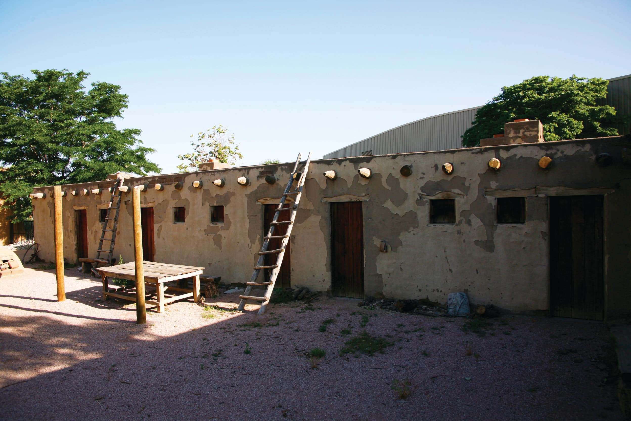 A low, one-story gray building with peeling paint stand half in the shade and half in the sun in Colorado. Two wooden ladders rest against the building and lead to the roof.