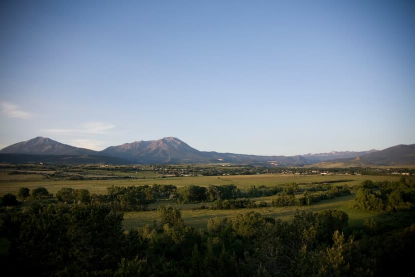 A blue-sky summer's day in La Veta with mountains in the distance. In the foreground, green farmland dotted with green-leafed trees sit.