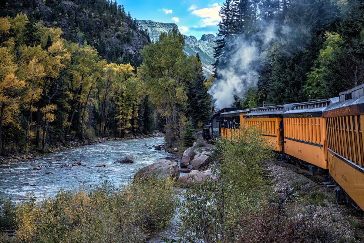 The Durango Train runs alongside a river in a narrow canyon in Colorado, where the trees are just turning yellow and orange for autumn. It pulls yellow cars passenger cars.