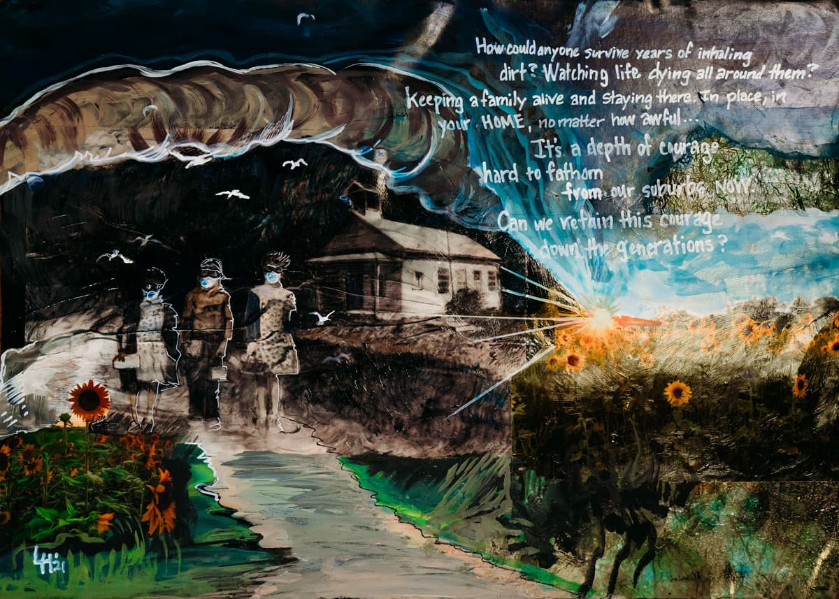 In Into the Light, the painting shows people wearing masks and words about the Dust Bowl of the 1930s