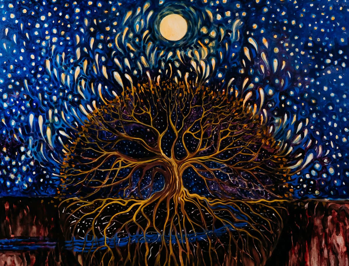The Birth of the Stars shows a tree of life against a dark blue background with a moon and stars above