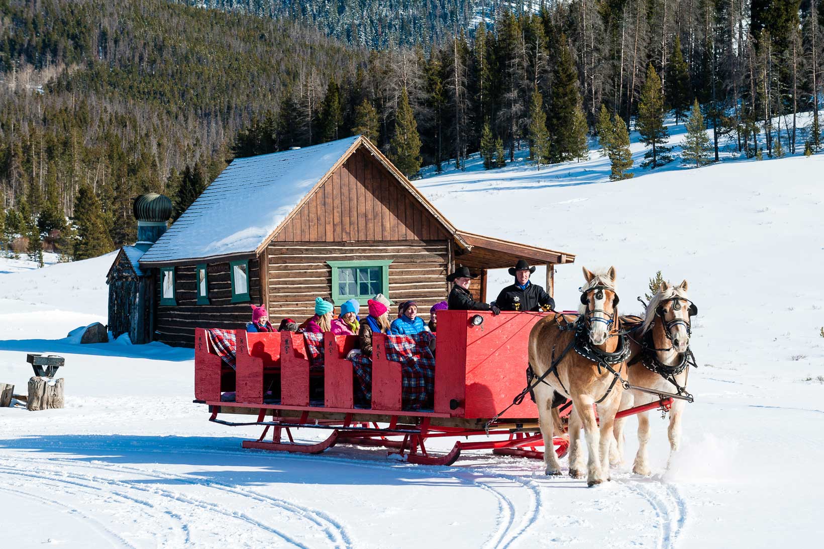 Two horses pull a red sleigh full of winter revelers