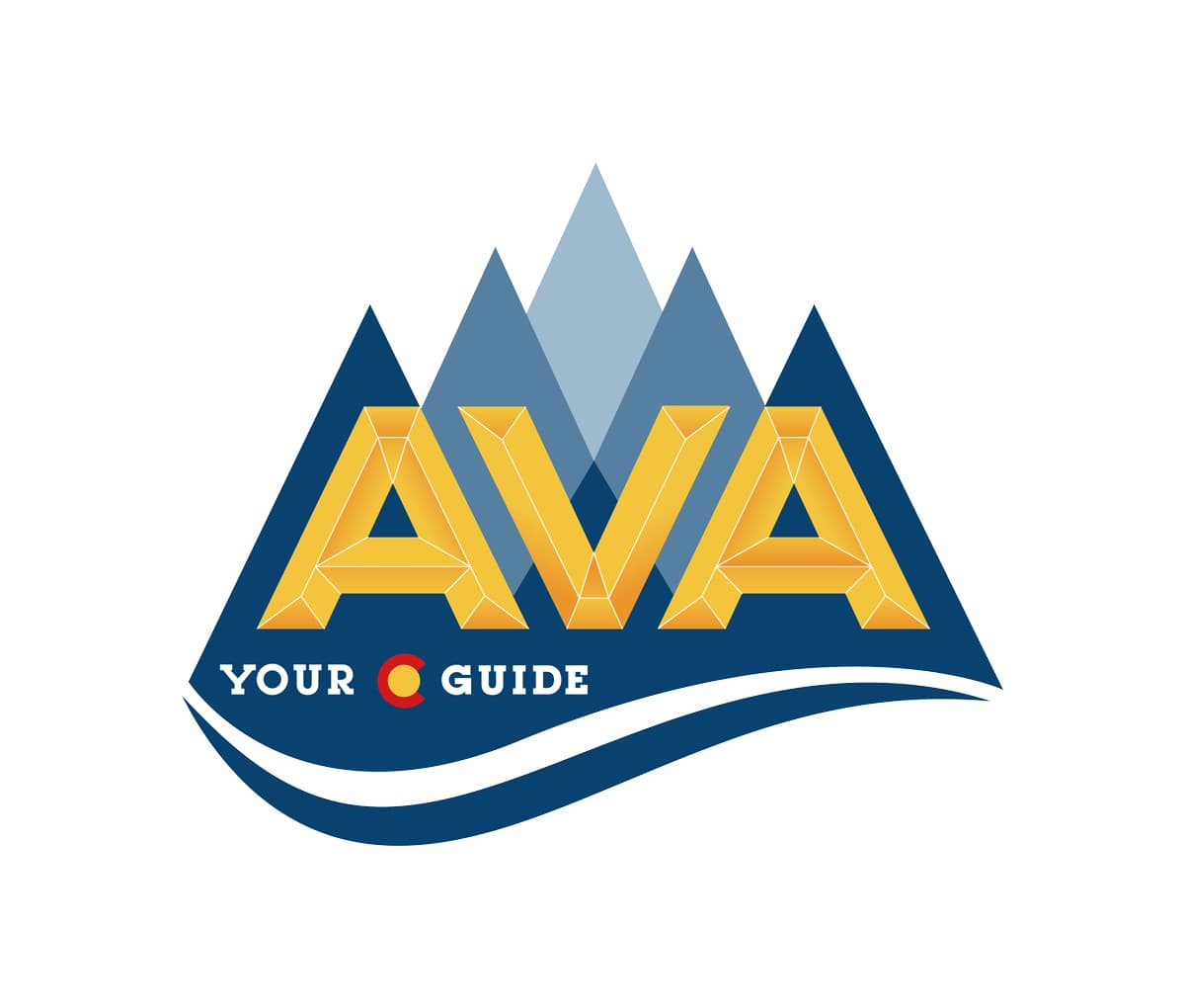 The logo for AVA Rafting & Zipline, which includes tall, pointy, blue mountains in the background.