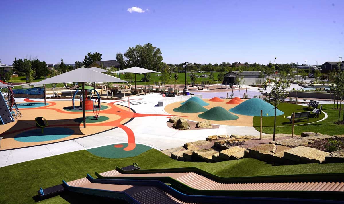 A park with colorful slides and other obstacles