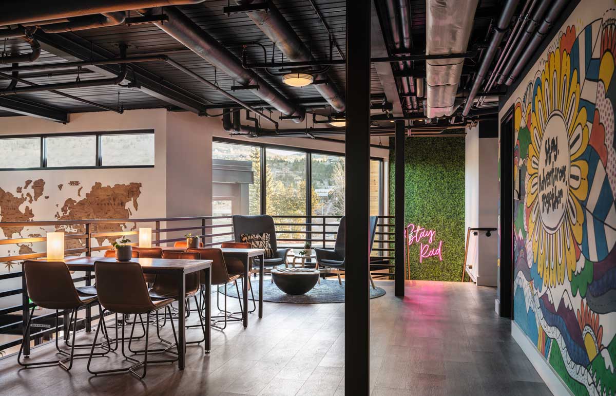 The second-floor landing at The Pad in Silverthorne is outfitted with seating for guests to enjoy.