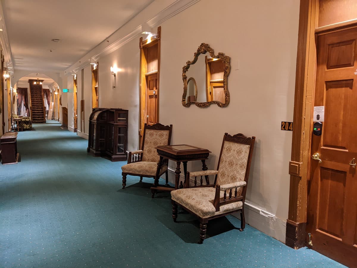 Delaware Hotel hallway with Victorian furnishings