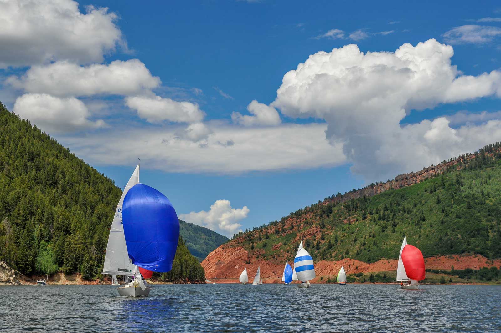 A ranbow of sailboats cross choppy waters on Ruedi Reservior in Basalt under fluffy white clouds