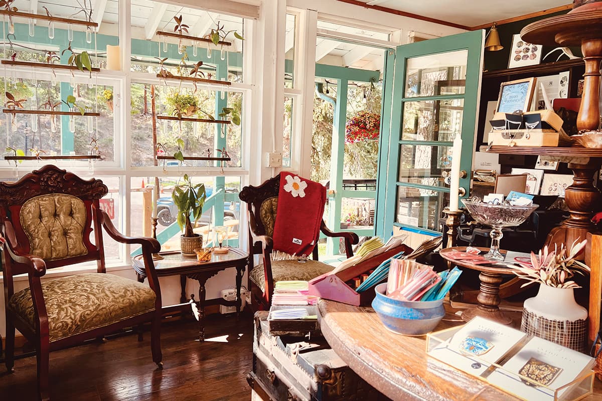 Inside a boutique with vintage chairs and various products for purchase.
