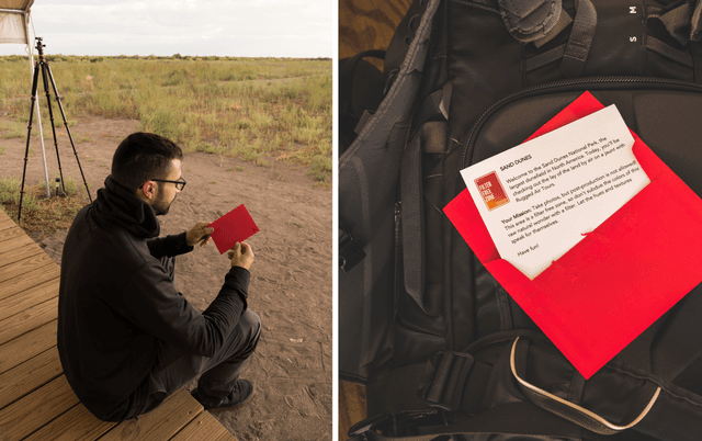 Man looking at envelope detailing a photo challenge
