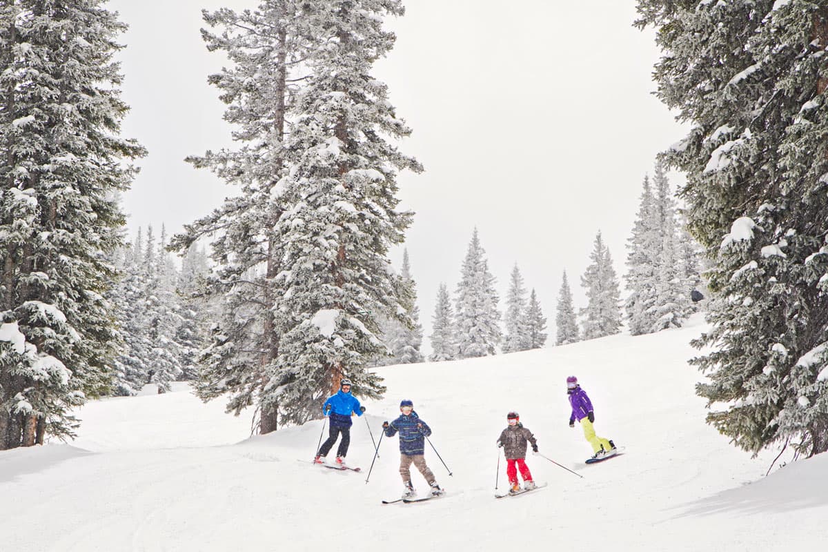 Skiers glide down the mountain in a snowy winter scene