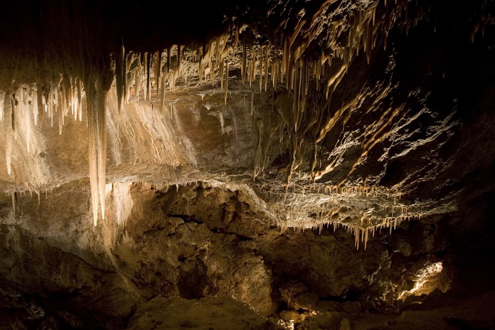 A dimly lit cave shows stalactites dripping down from the ceiling