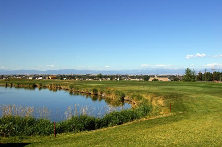 Coyote Creek Golf Course on a summer's day with a cloudless blue sky and green grass. On the left a glassy blue pond sits undisturbed.