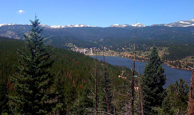 A far-off view of the Front Range mountain town of Nederland and Barker Reservior - Nederland, CO