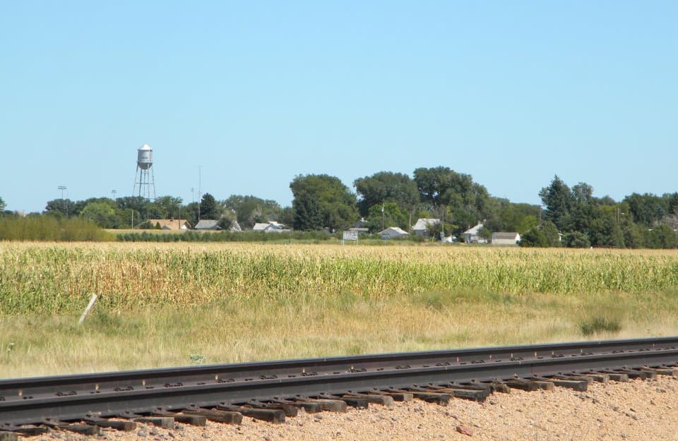 Train tracks sit among tall green grasses with a water tower with houses and green-leafed trees up against a blue sky.