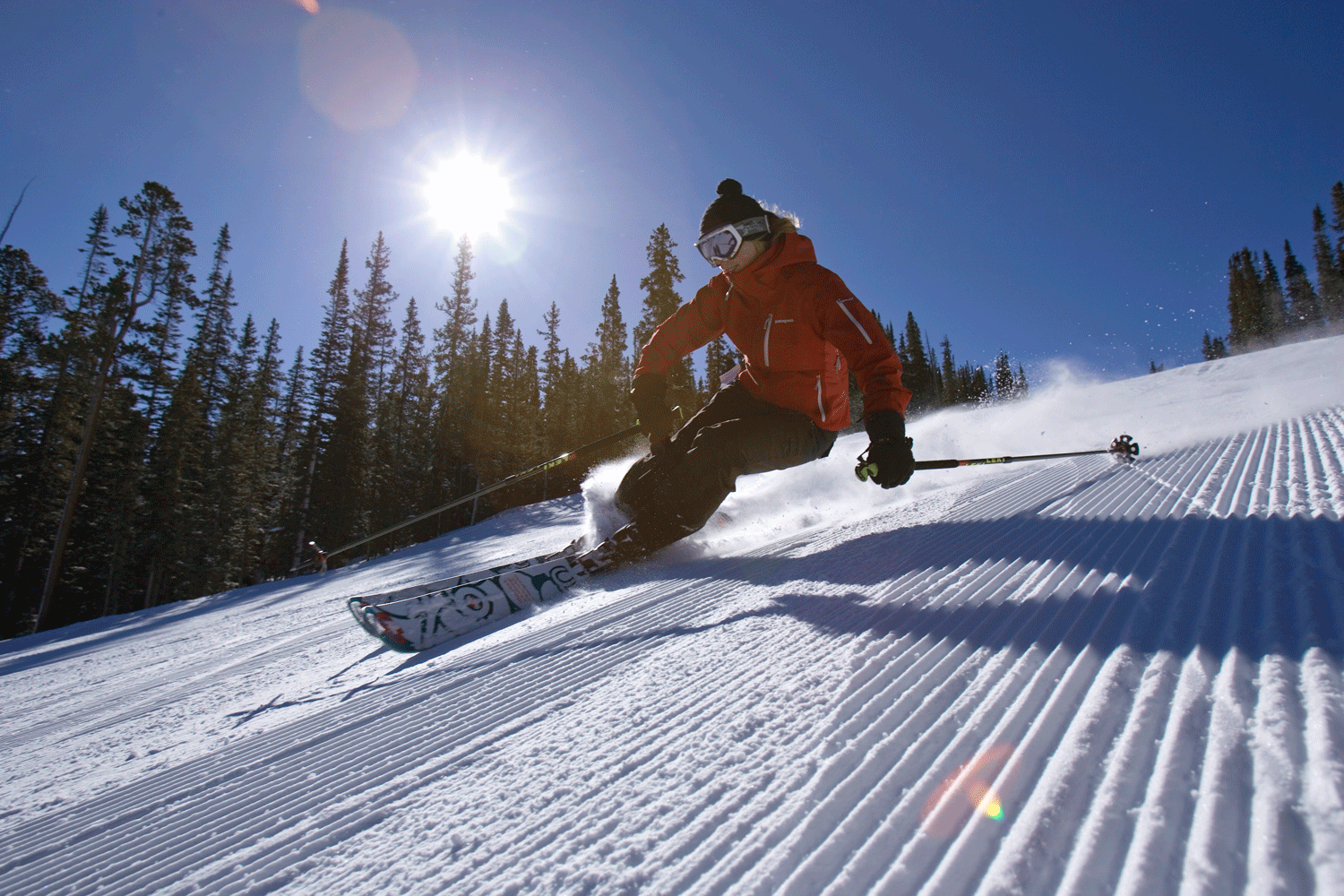 A skier races down a snowy mountain with trees in the background