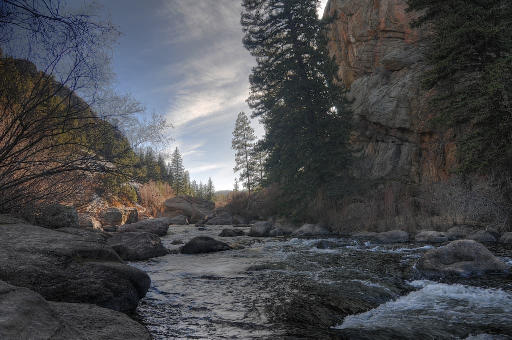 Rushing river in Colorado's Eleven Mile State Park in Lake George, Colorado