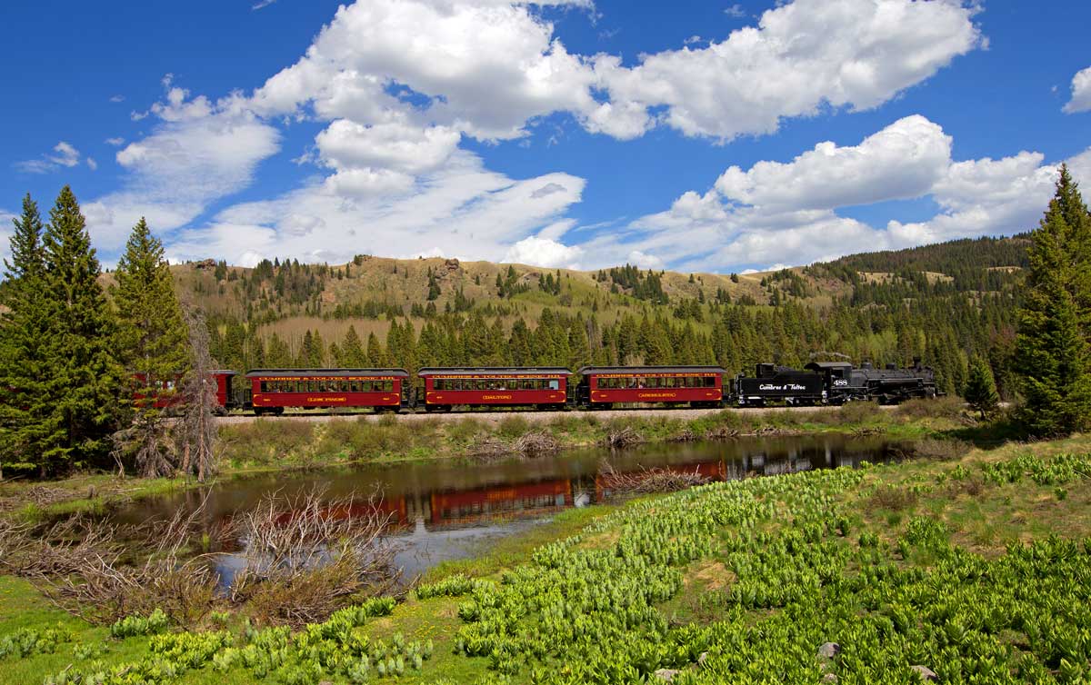A mountain pasture with a pond and train the background