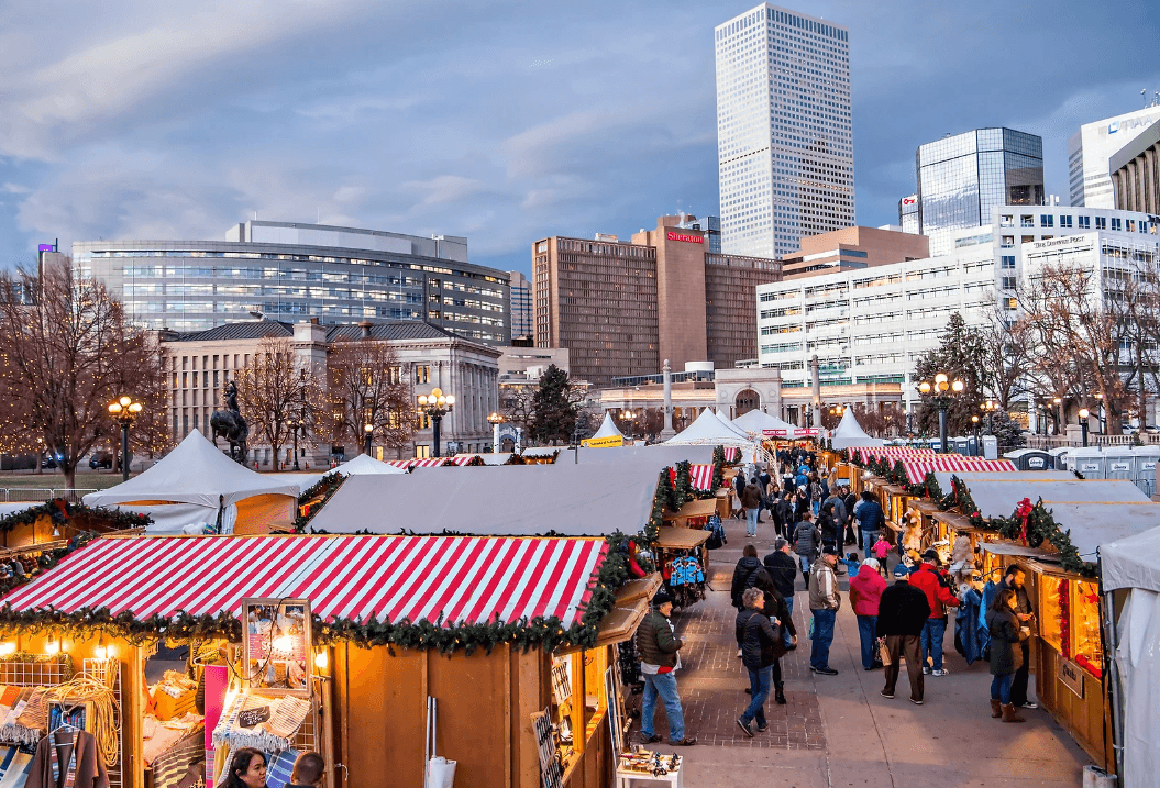 The shopping booths of Denver Christkindl Market in Civic Center Park