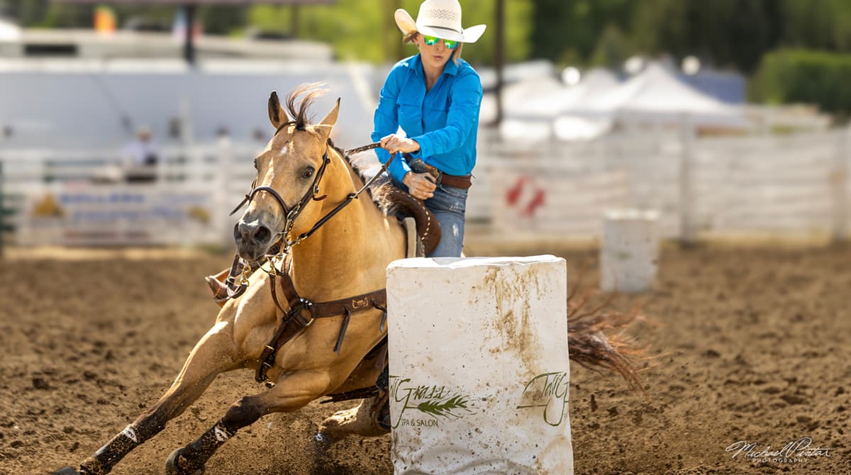 A rodeo performer in a blue button-up shirt and cowboy hat steers a beige horse around an obstacle at the Annual Evergreen Pro Rodeo & Parade.