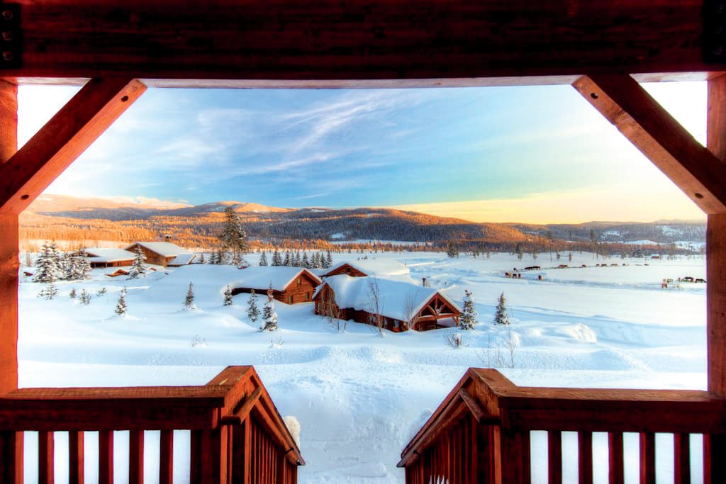 A snowy scene from the porch of Vista Verde Guest Ranch