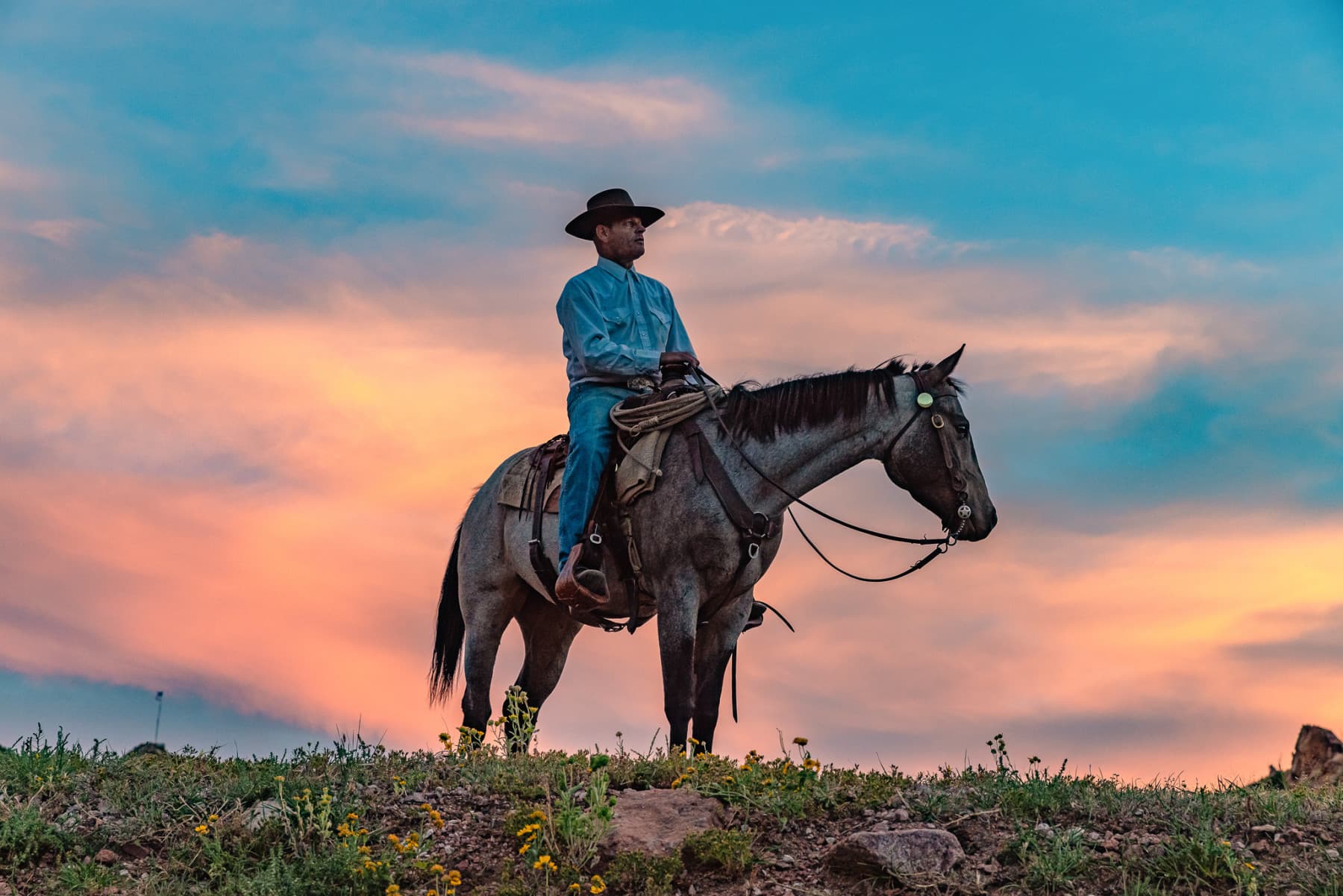 cowboy jim riding hawk at sunset photo
