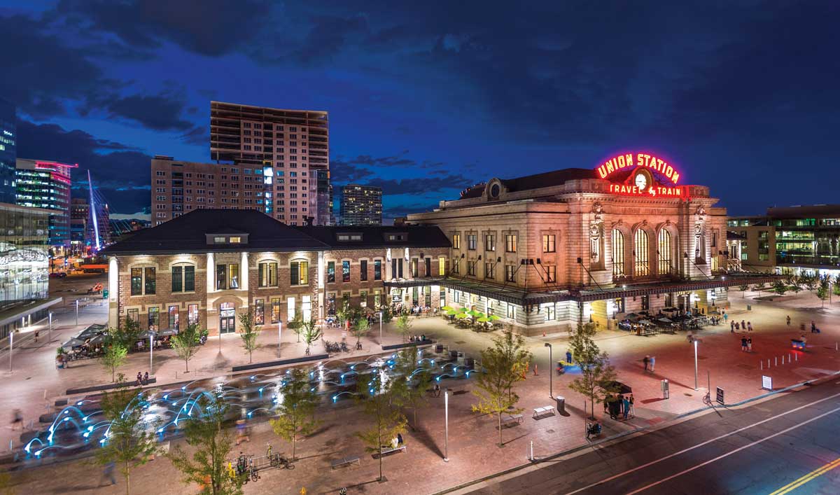 Denver's Union Station lit up at night