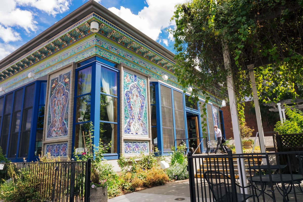 Corner of Boulder Dushanbe Teahouse on a summer day