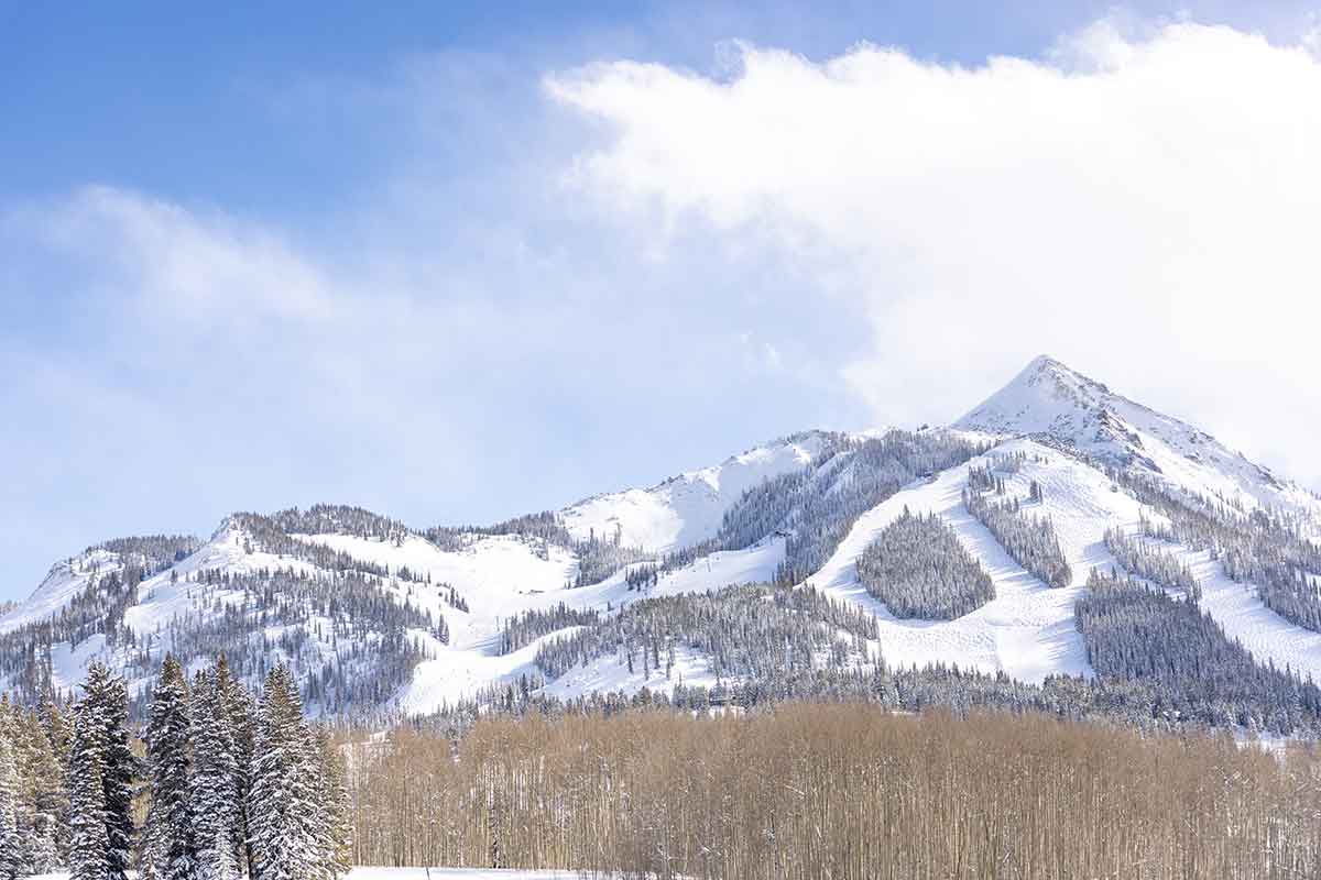 View looking up to a pointed mountain with snowy ski trails running down it among areas of thick trees