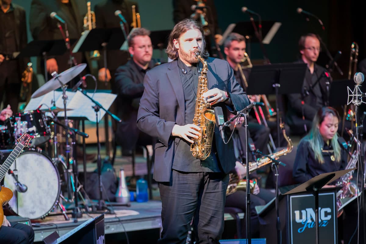Jazz musician performing on stage at UNC Jazz Fest in Greeley, Colorado.