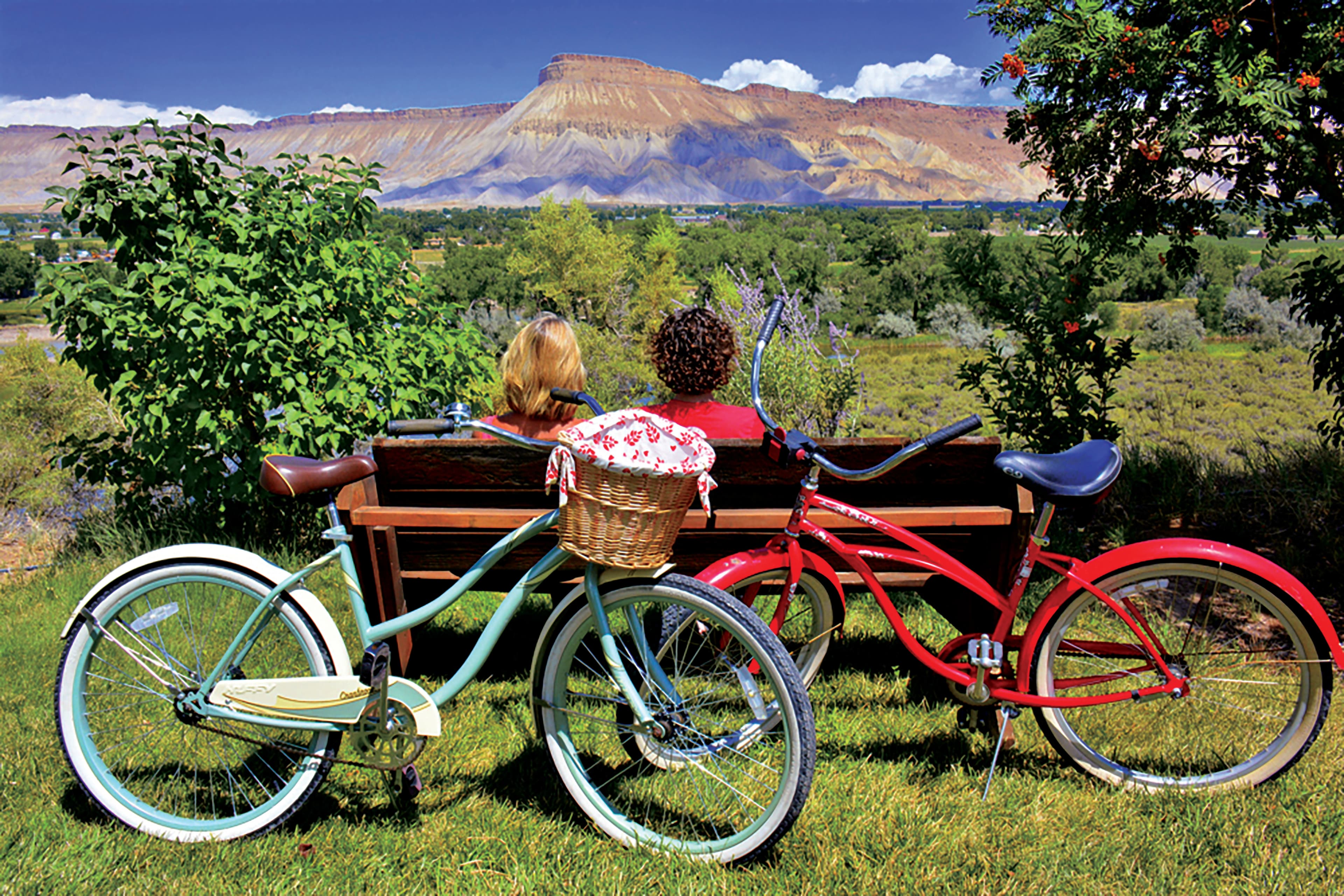 Two people sit on a bench with two bikes leaning on it, looking at a mountain