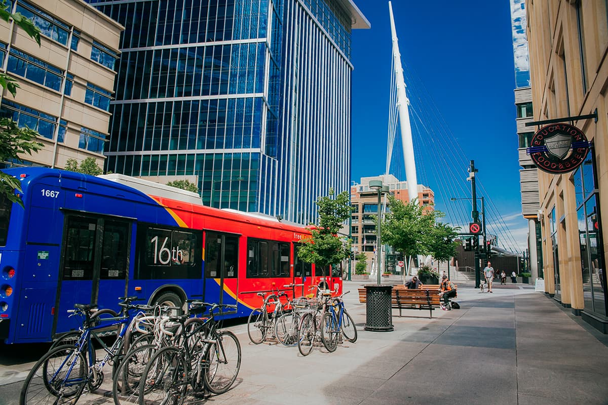 Bikes rest in front of free 16th Street MallRide in Denver