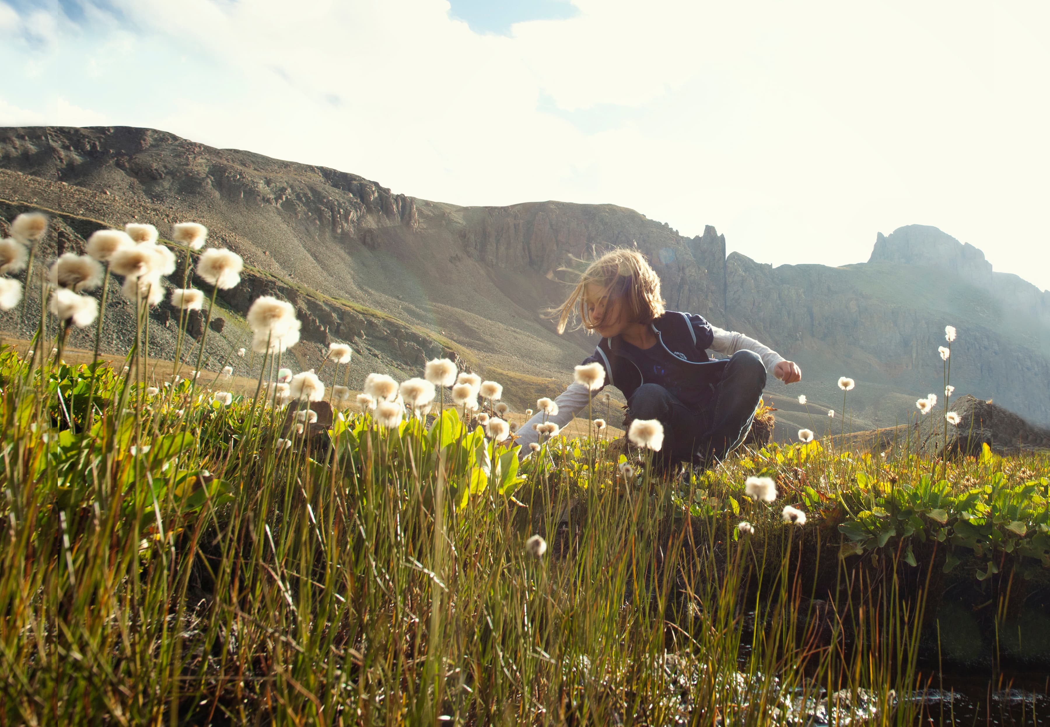 A child sits in a grassy field surrounded by tall, tree-less rock walls in Colorado. The field is filled with plants that have large, white, cotton ball-like flowers.