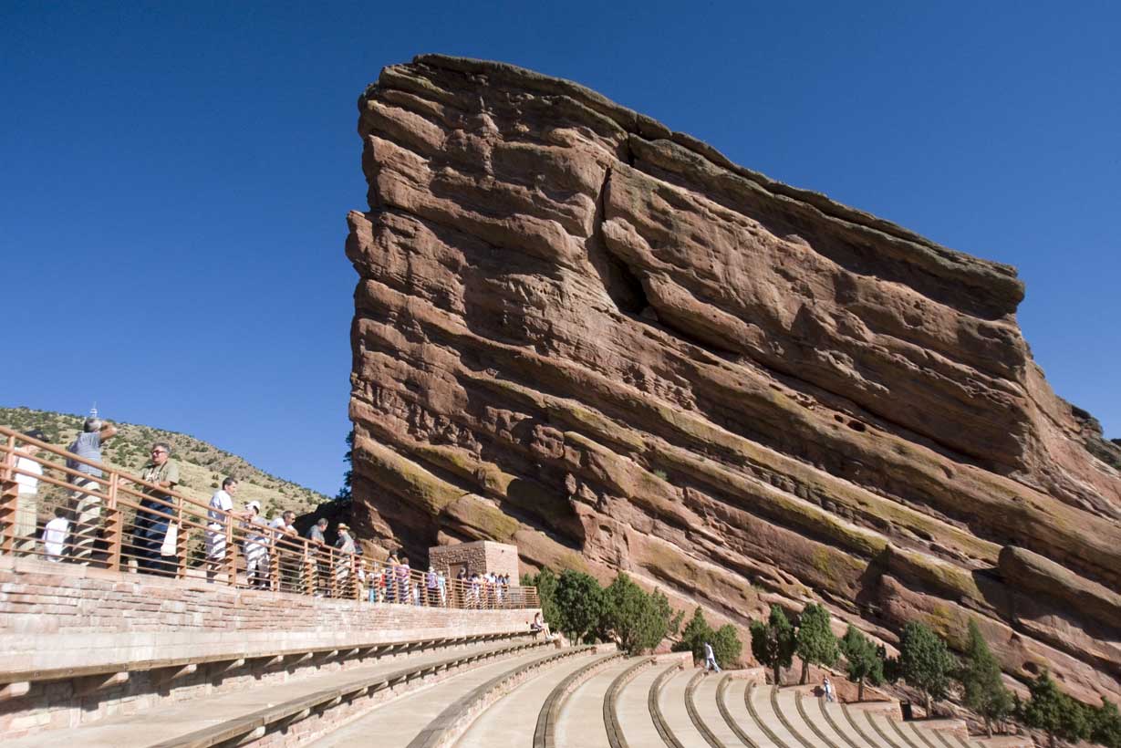 The sandstone benches and slab of rock that forms the iconic Red Rocks Amphitheatre in Morrison, Colorado.