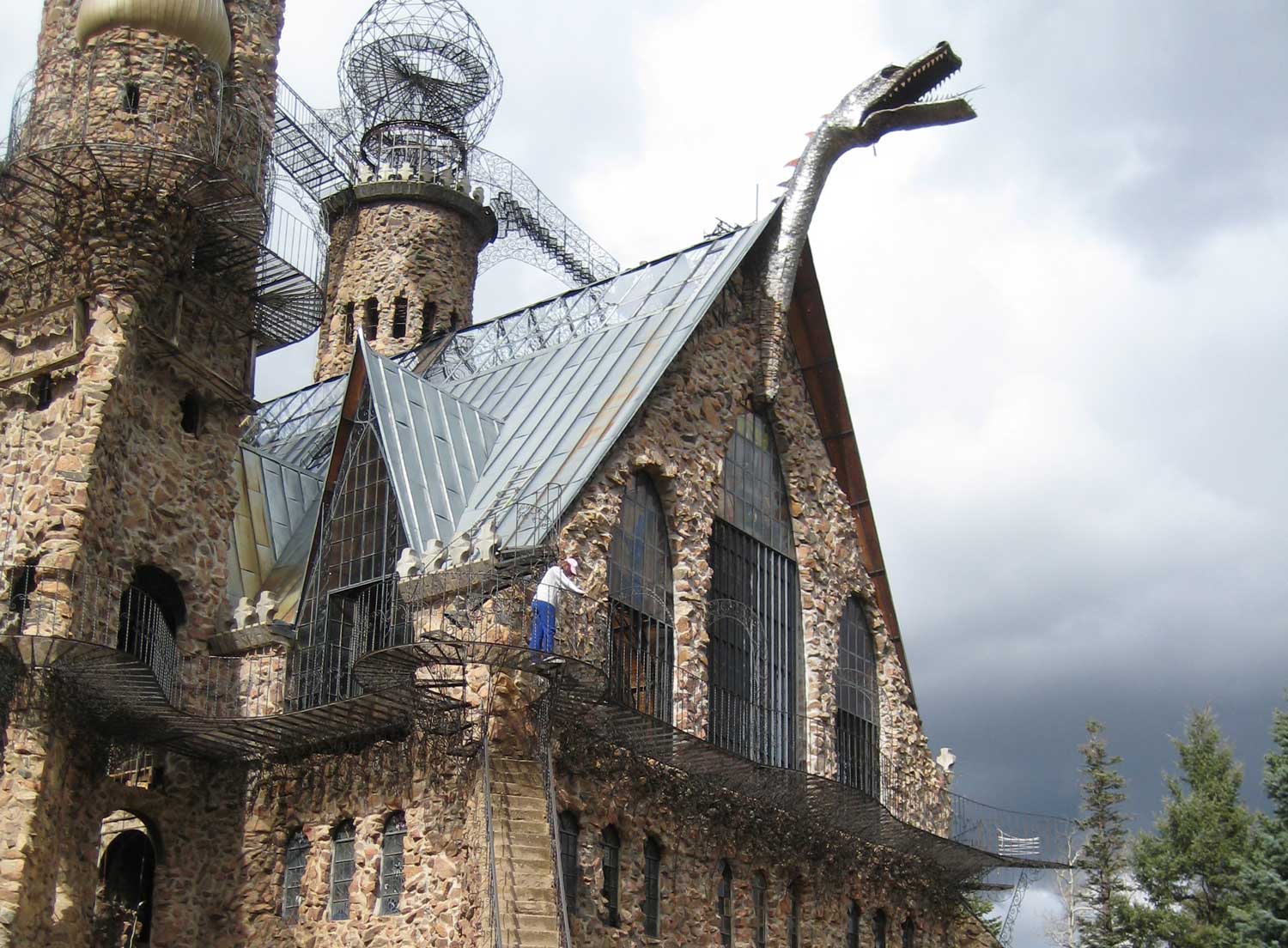 Bishop Castle's stone and iron facade on a cloudy day