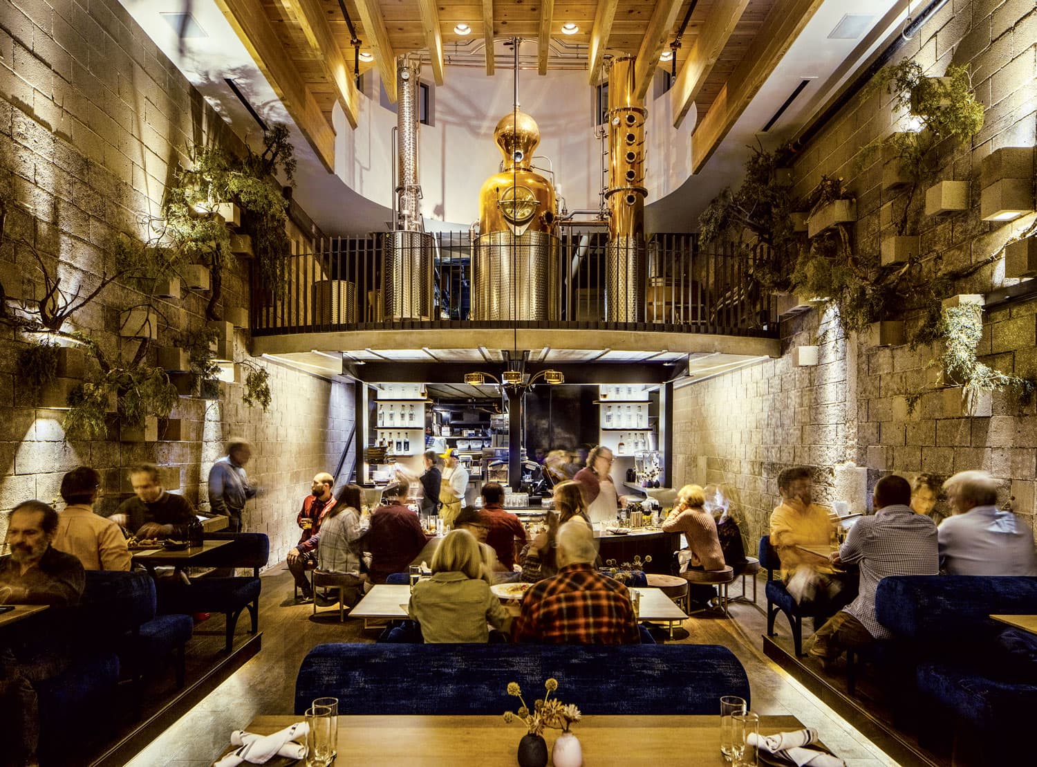 A gold-looking machine sits on an indoor balcony space for diners at The Family Jones in Denver, Colorado to look up at. The room is decorated with plants along the walls and blue seating.