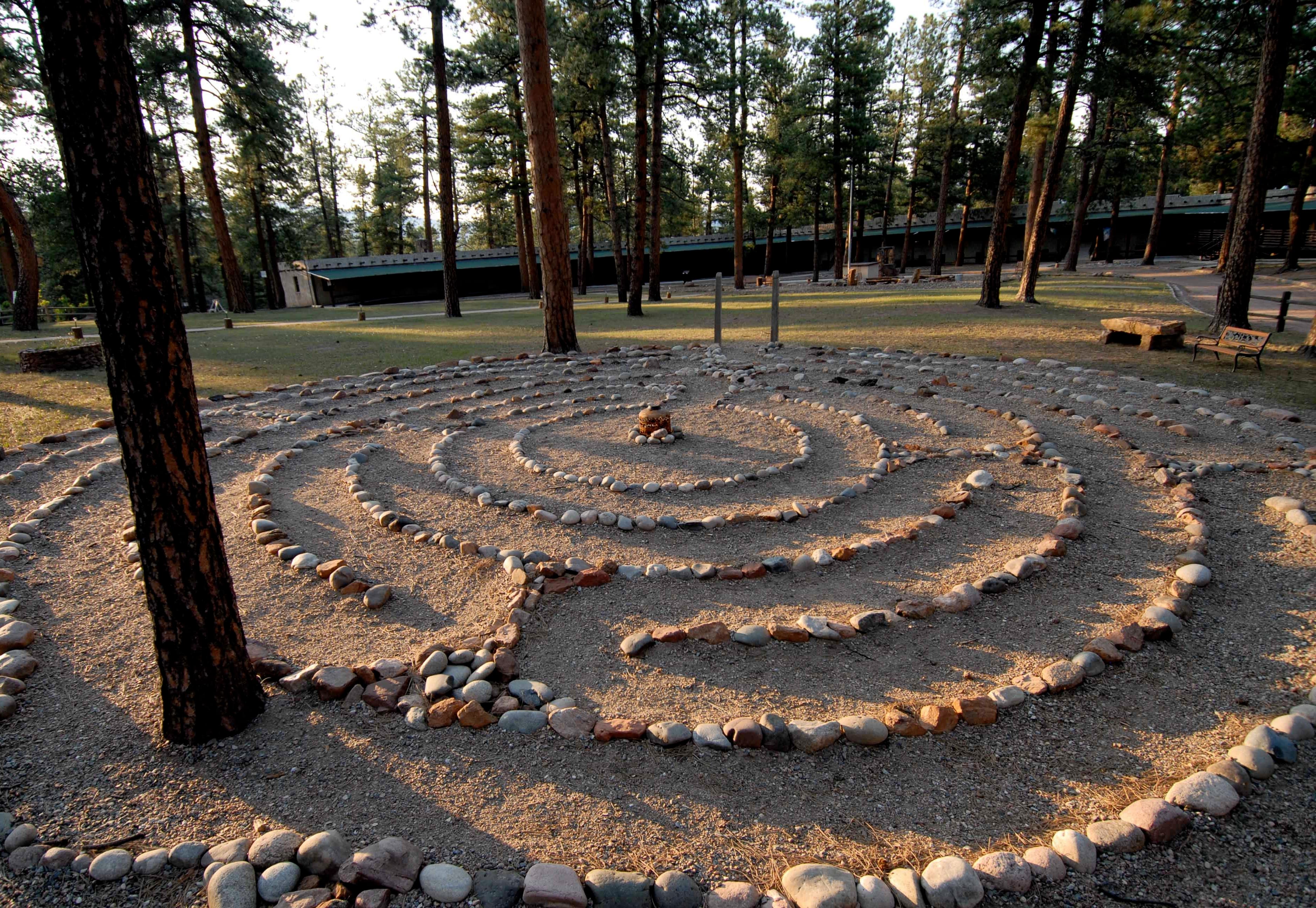 labyrinth at sunset with the historic horseshoe lodge in the background. photo