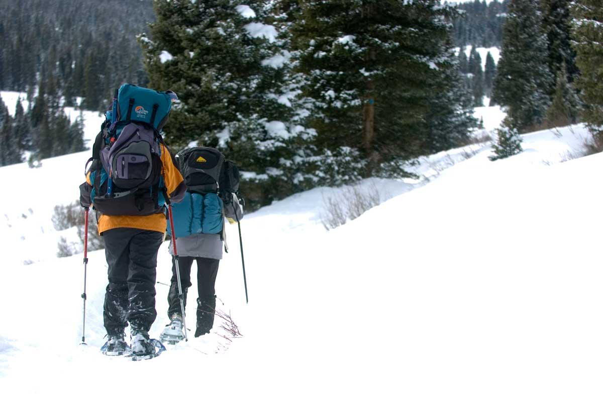 Two winter adventurers use poles and snowshoes to trek along a snowy landscape in Colorado's backcountry.