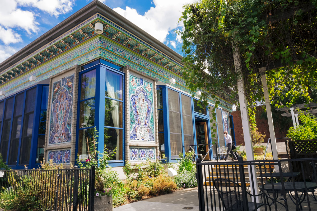 Corner of Boulder Dushanbe Teahouse on a summer day